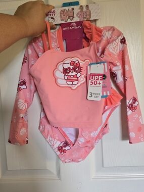 Hello Kitty Pink 3-Piece Girls UPF 50+ Swim Set Size 4T (Toddler) Brand New